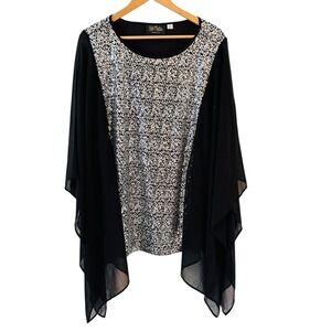 Bob Mackie Wearable Art Womens Chiffon Sequin Top Poncho Size 2XL Sheer Flowy